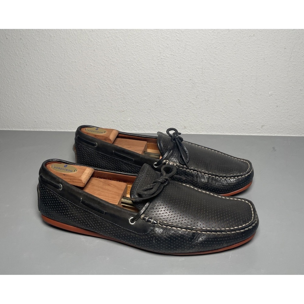 Santoni Toft Perforated Antique Black Italian Leather Boat Driving Shoe 12 US 13